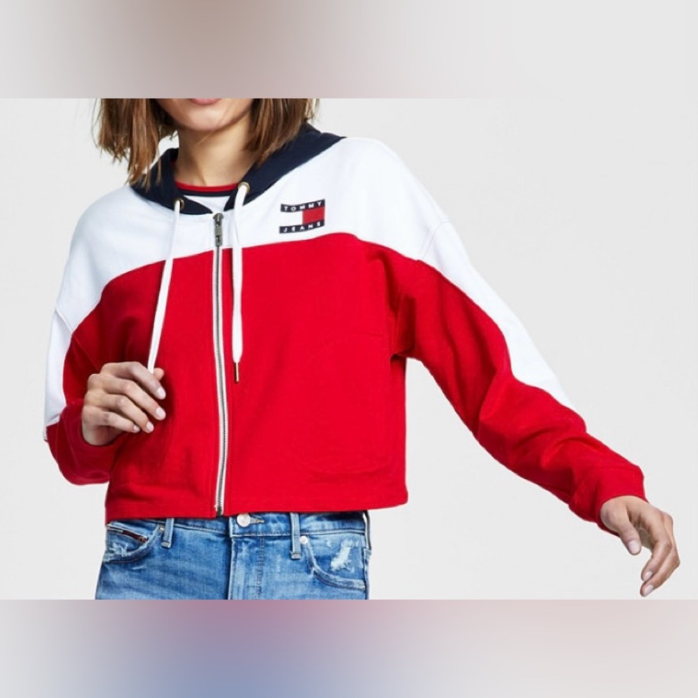 Cropped Color Block Zip Front Hoodie Sweater Sweatshirt - Picture 3 of 6